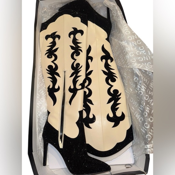 INC International Concepts Black and Cream Heeled Boots - Picture 2 of 13